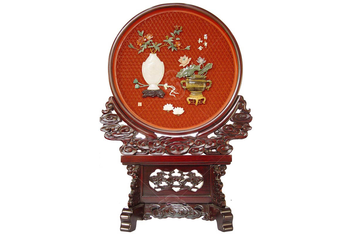 雕漆嵌玉百年好合圓臺屏