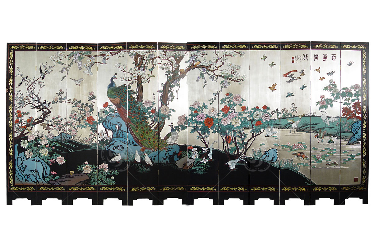 刻漆屏風《百花齊放》